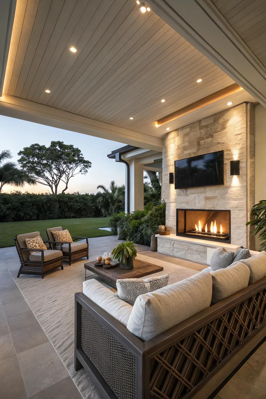 A fireplace warms up this lanai, making it perfect for cool nights.