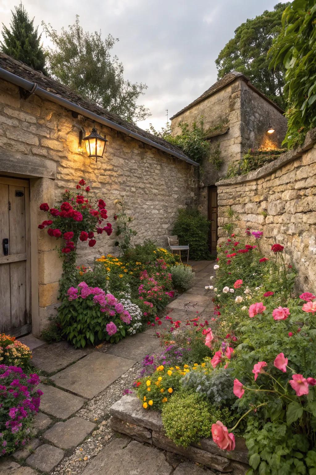 A stone partition provides a rustic backdrop for vibrant flowers.