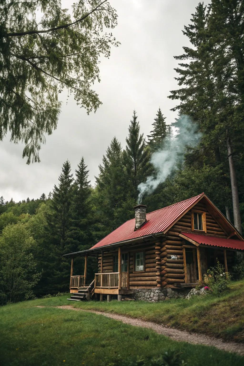 An attractive log cabin nestled deep in the forest.