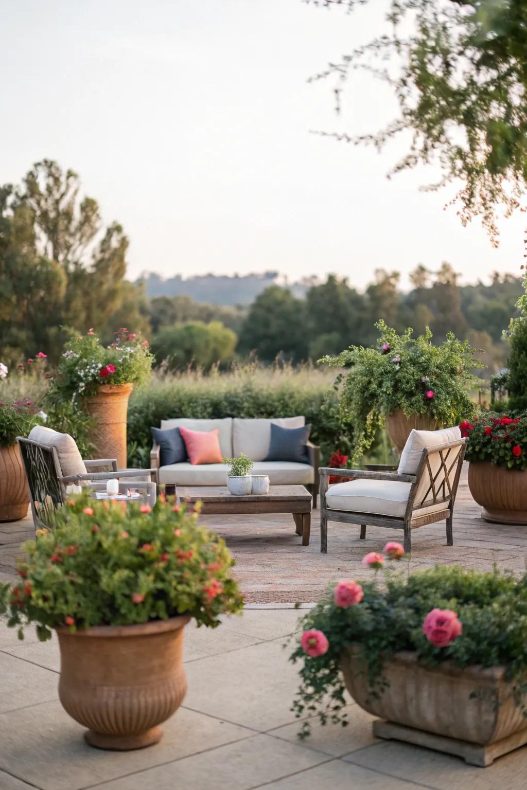 Improve your outdoor lounge with lavish pot setups.