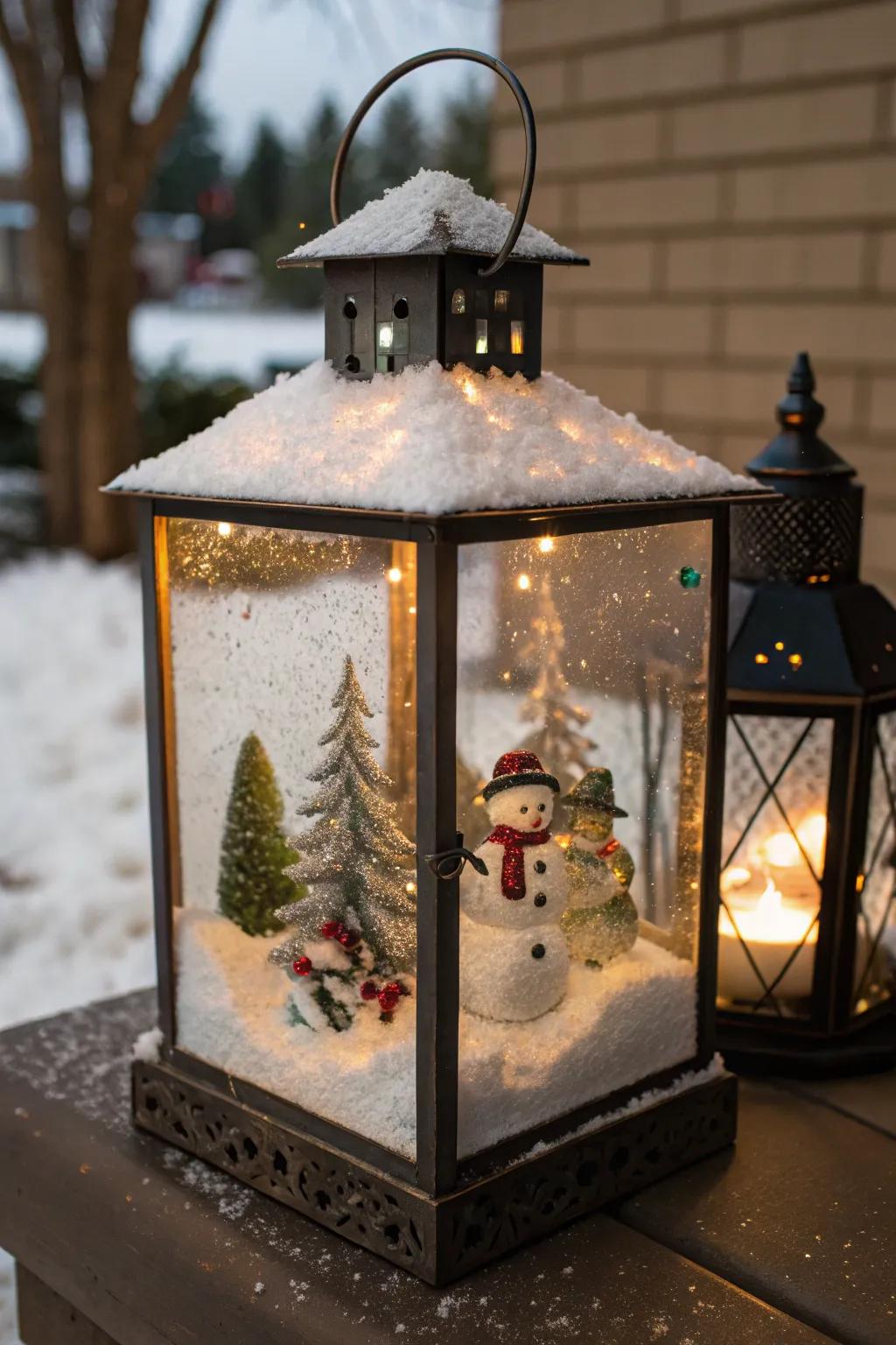 Embrace the chill through snow scene lanterns.