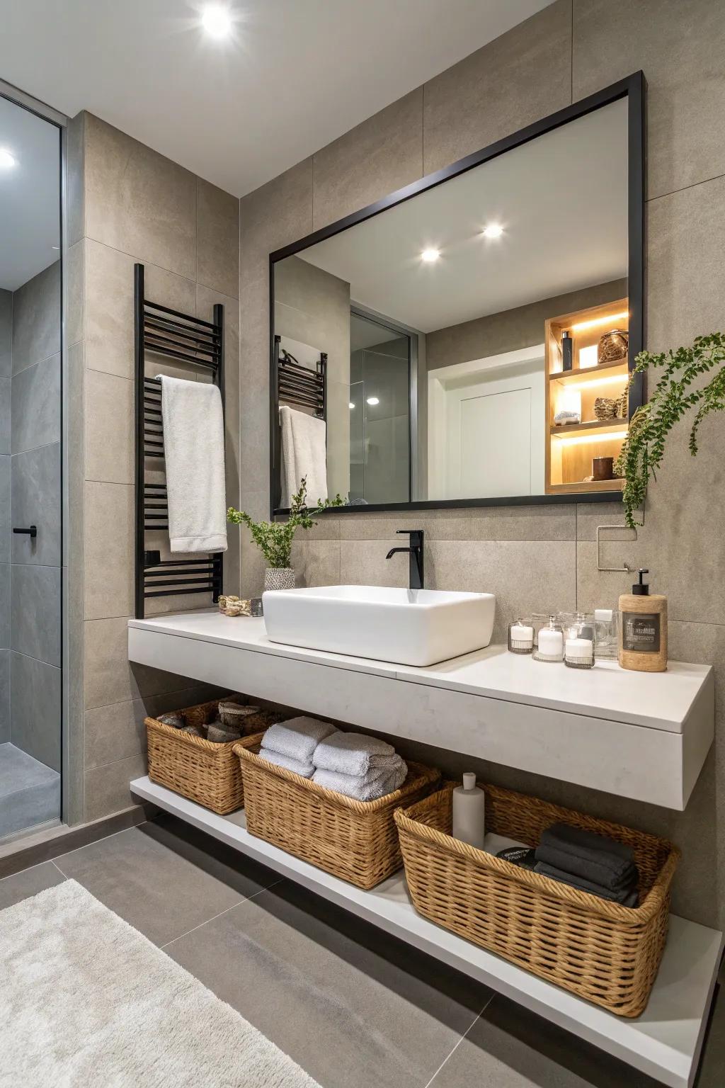 Hanging ledges under mirrors provide both style and practicality.