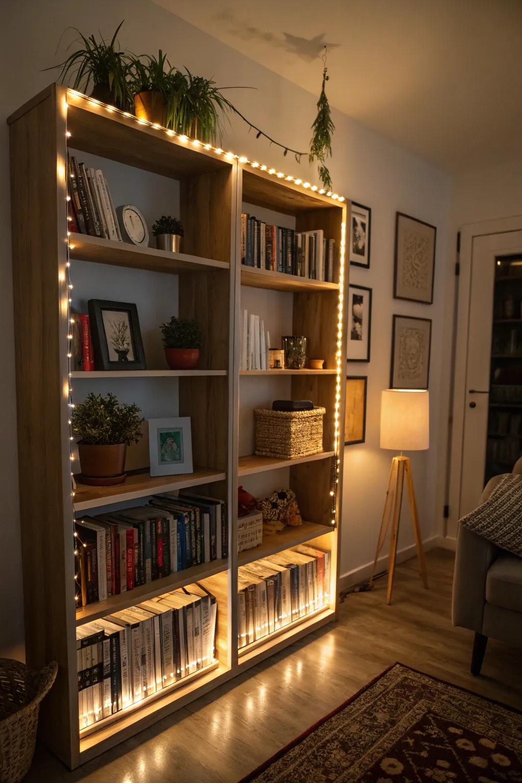 Accent lighting introduces focus and warmth to this chic bookshelf arrangement.