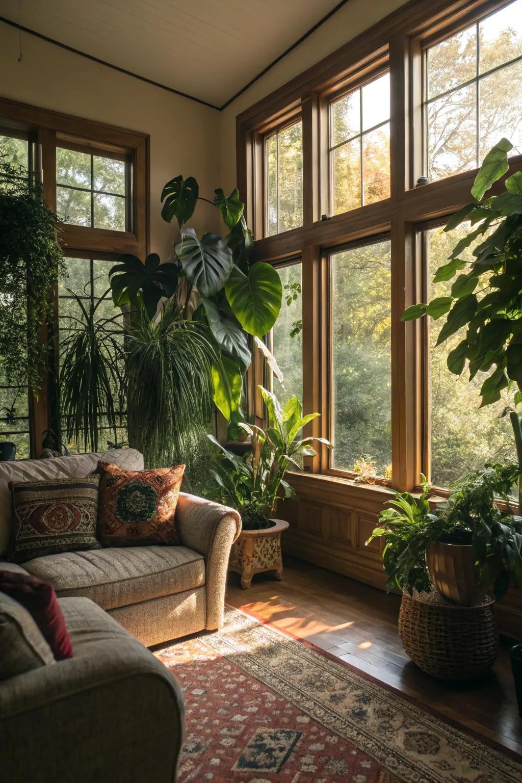 Indoor vegetation complementing and enriching the exterior natural panorama.
