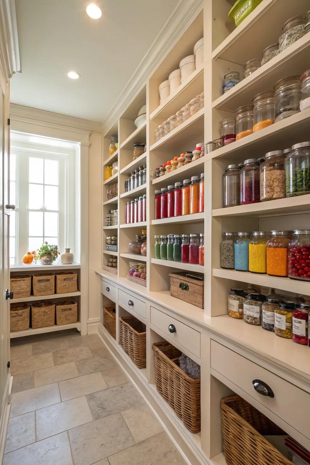 A well-organized walk-in pantry, perfect for keeping a large kitchen tidy.