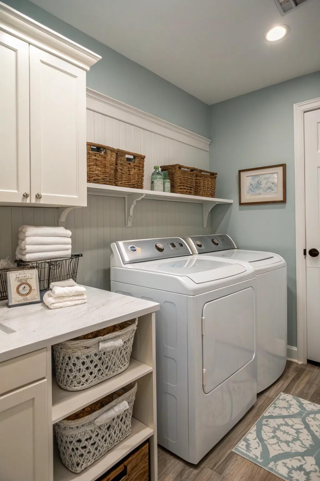 Subdued tones bring peace and class to the laundry area.