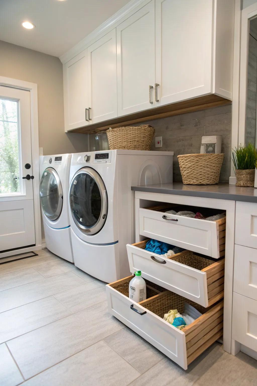 Concealed storage maintains your washing essentials neatly structured.