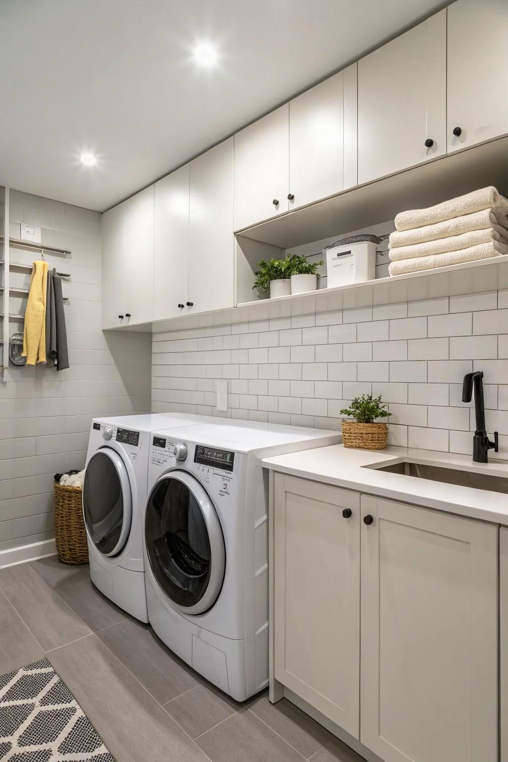Minimalism guarantees a polished and uncluttered laundry area.