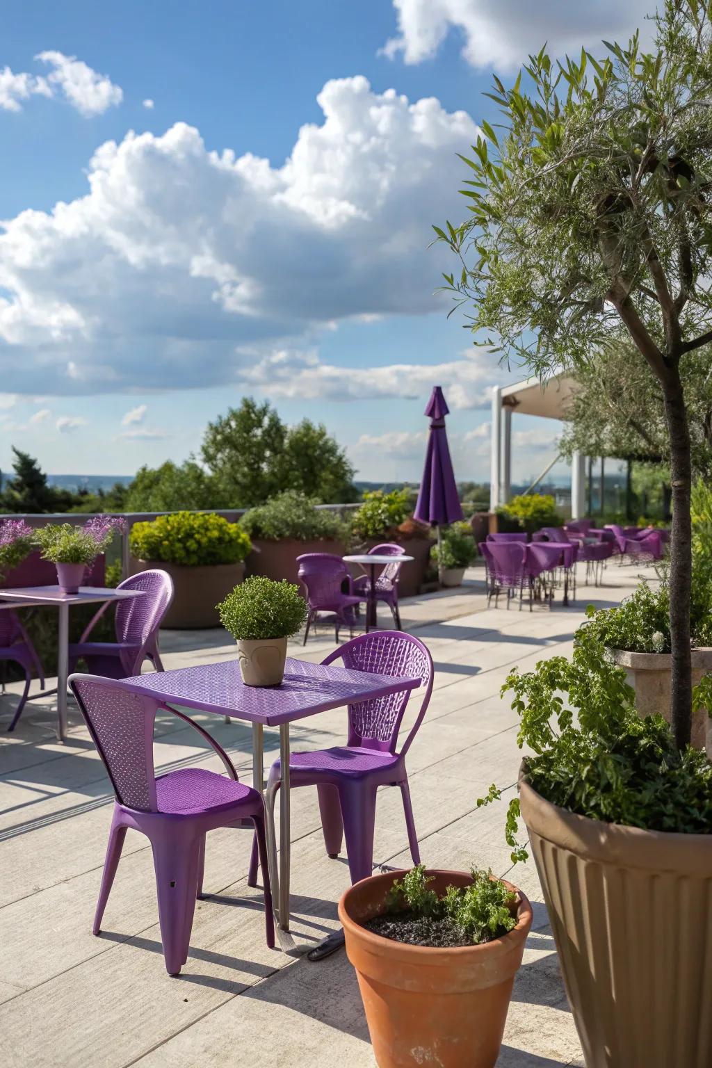 A stylish patio showcasing violet furnishings and cheerful potted vegetation.