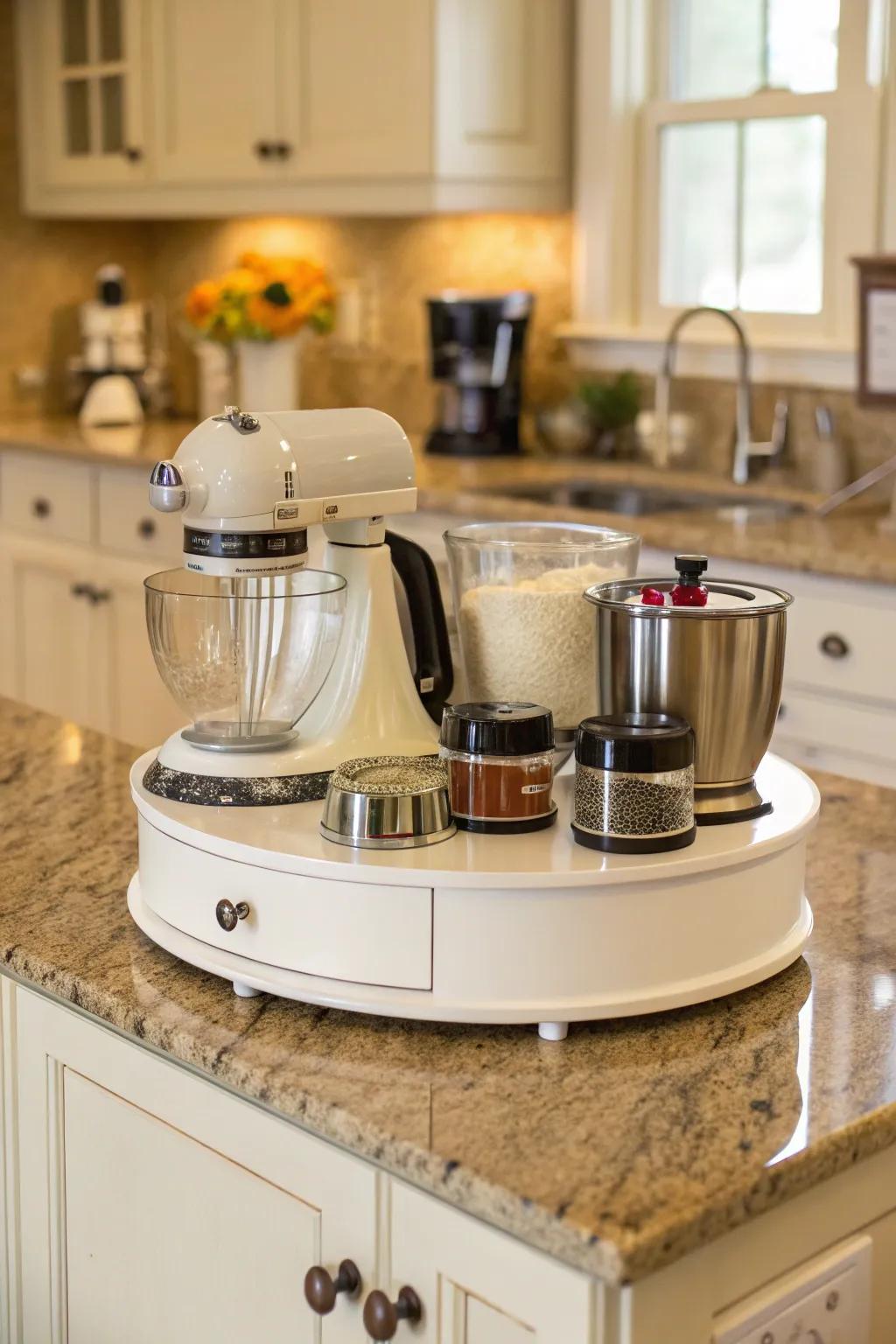 Effectively store small kitchen appliances on a spin organizer.
