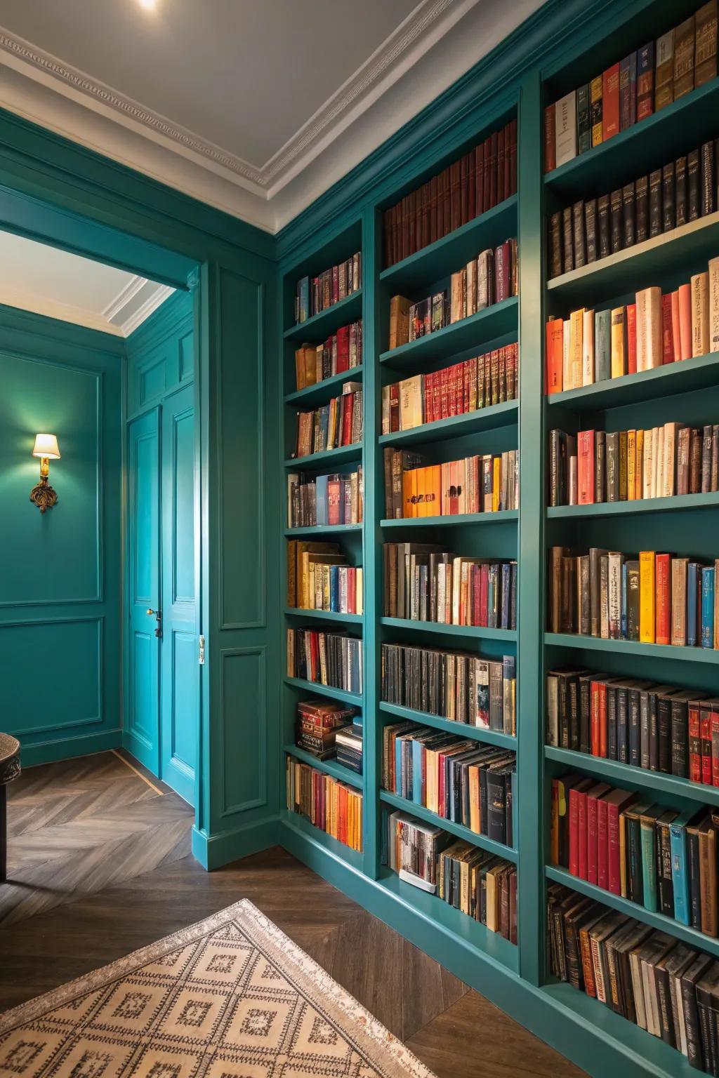 A lively library featuring a striking color scheme that showcases your collection.