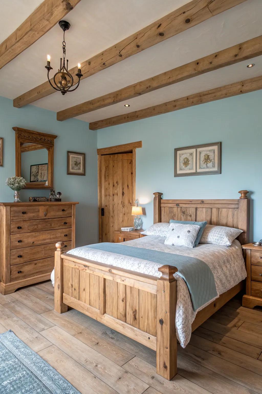 A country-style bedroom featuring wooden furniture matched with calming light blue walls.