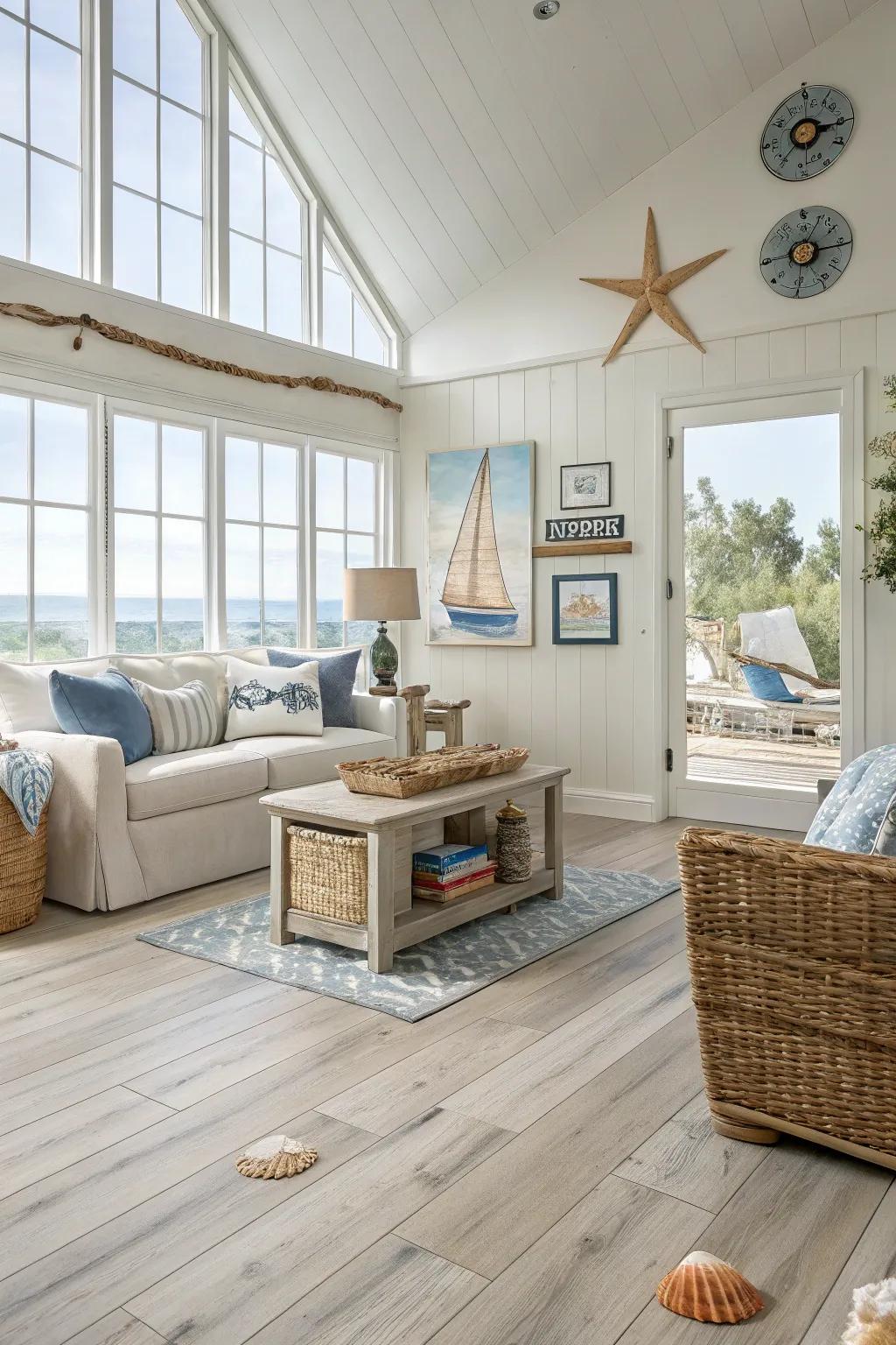 Coastal blonde laminate flooring enhances the beach style of this living room.
