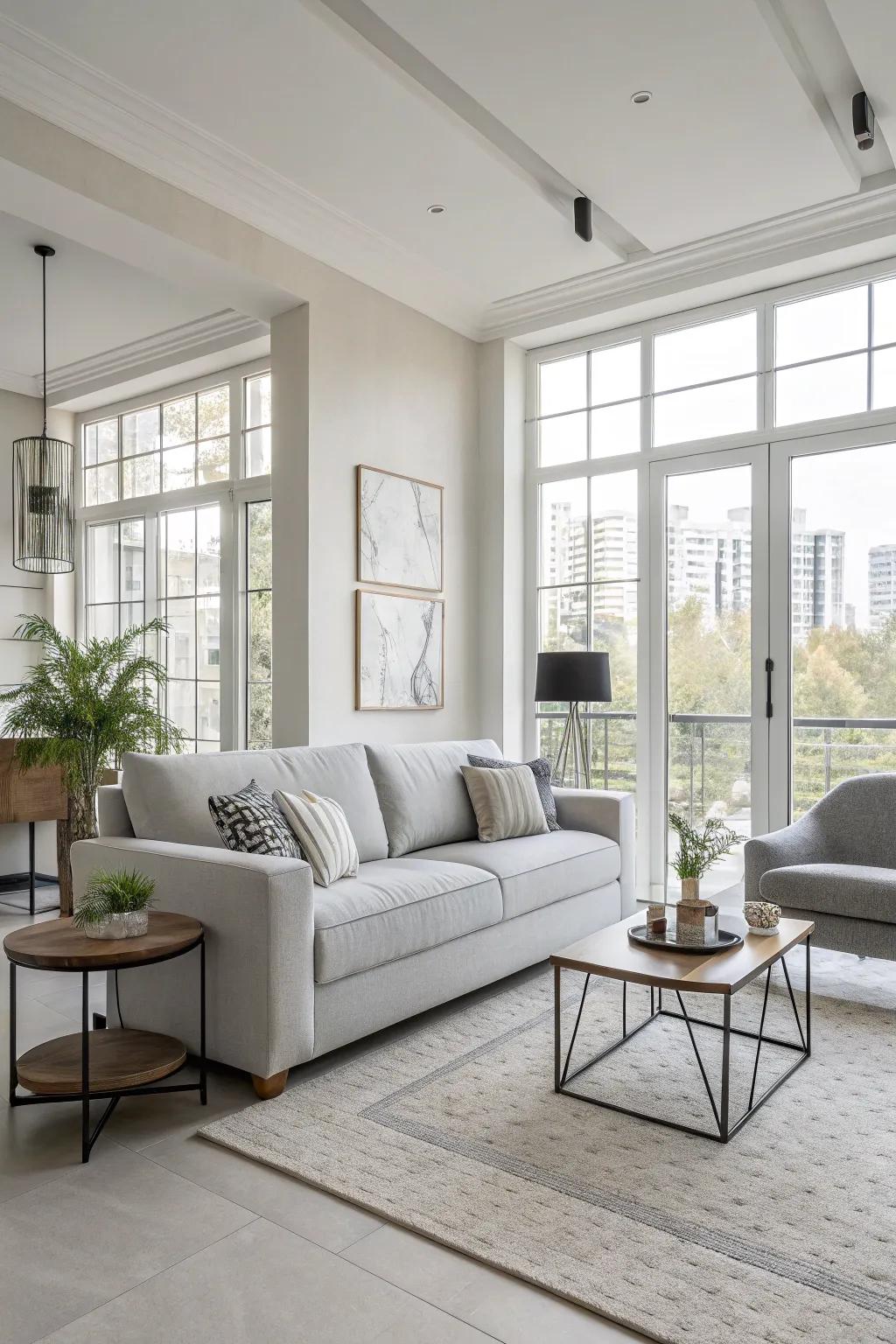 A take on modern minimalism that focuses on crisp outlines complemented by a light grey couch.