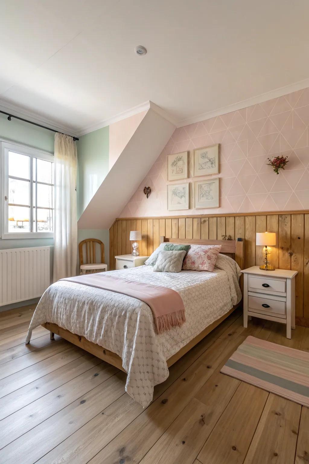 A pastel featured wall accentuating light wood flooring.