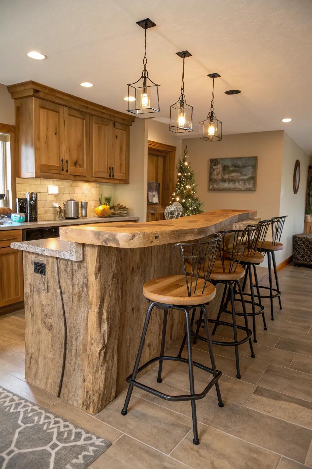 A natural-edge bar matched by a mix of wood and metal chairs, improving its aesthetic.