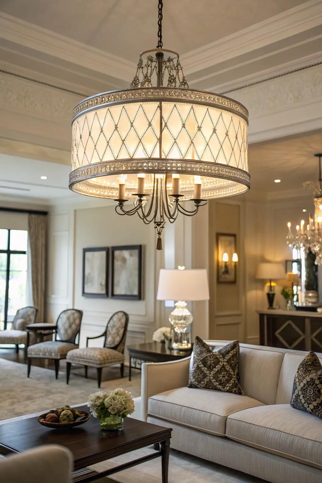 An elegant living room spotlights a drum chandelier distinguished by its sleek and simple lines.