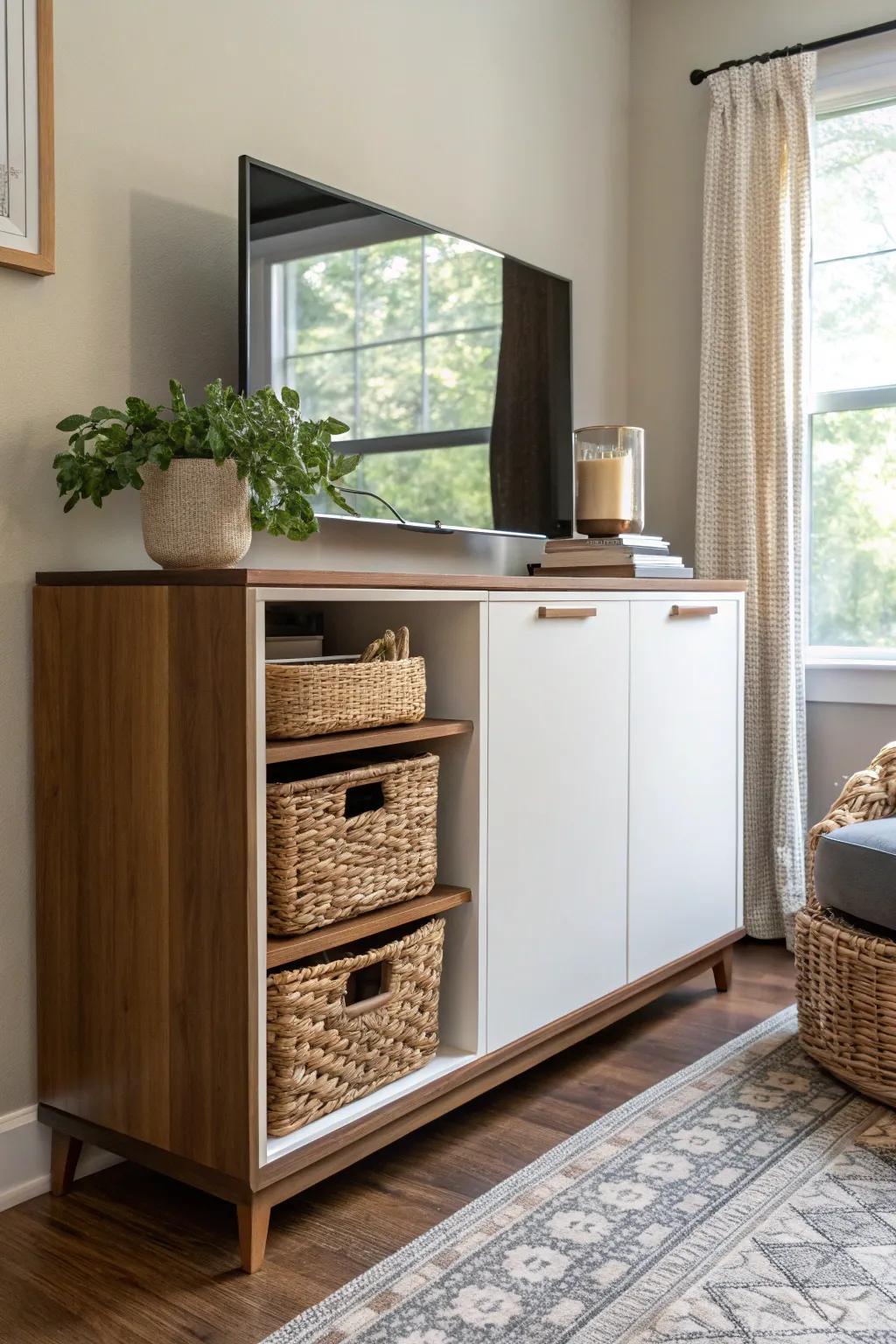 Smart storage solutions can maintain your family room's tidiness and elegance.