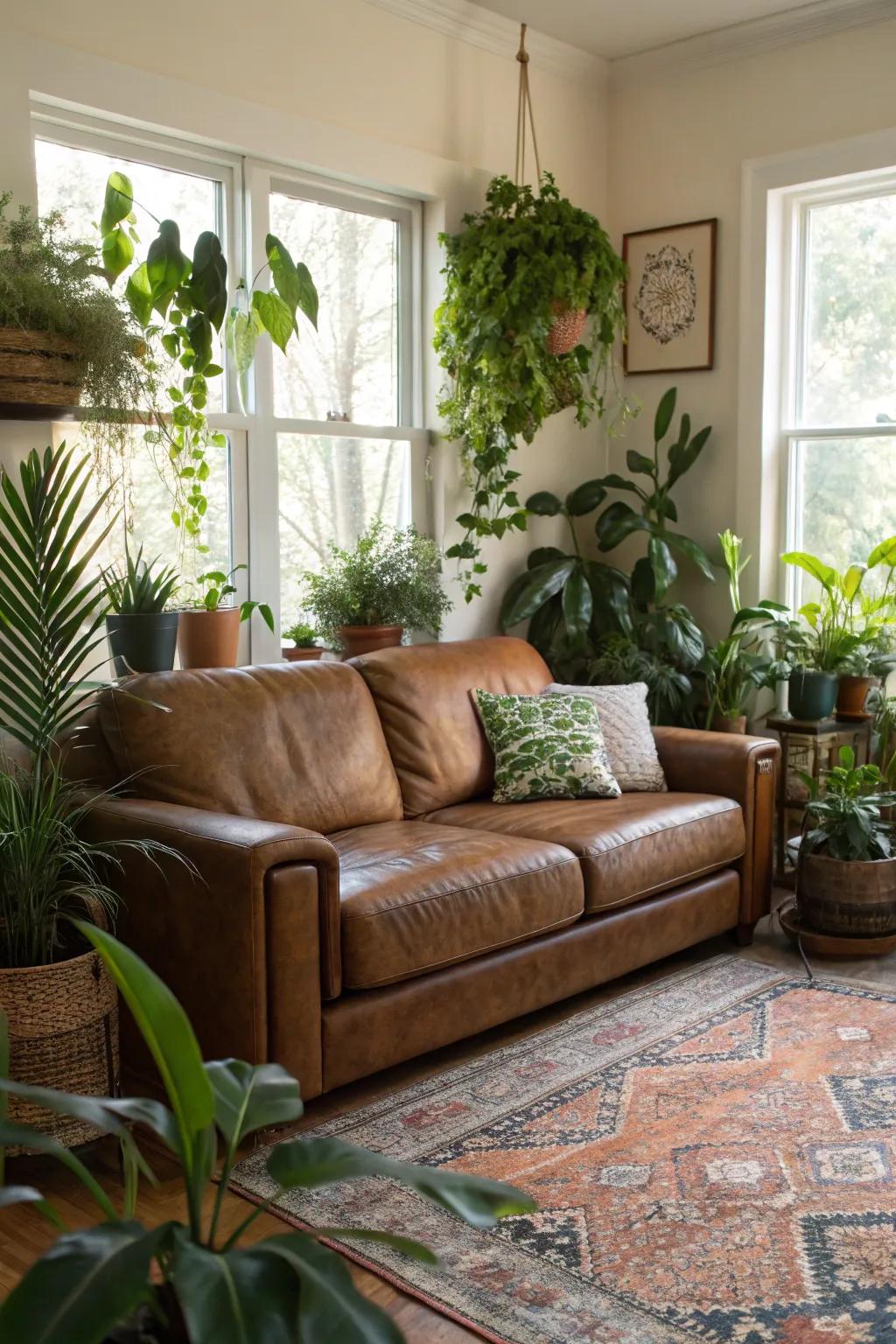 Greenery brings life and color to the living space.
