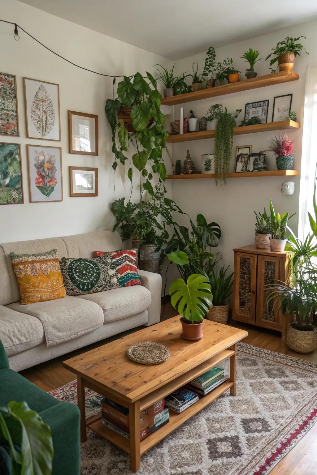 Plants and art bring personality to the living area.