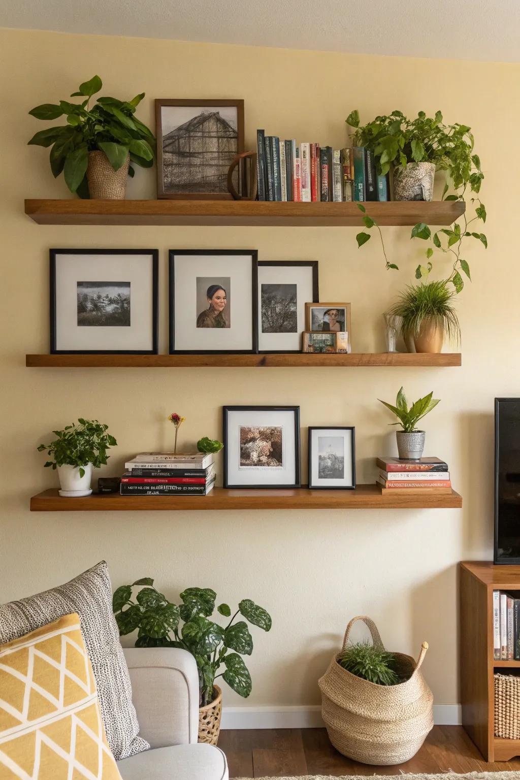 Accent your photo wall by integrating shelves and botanical life for an invigorated sensation.