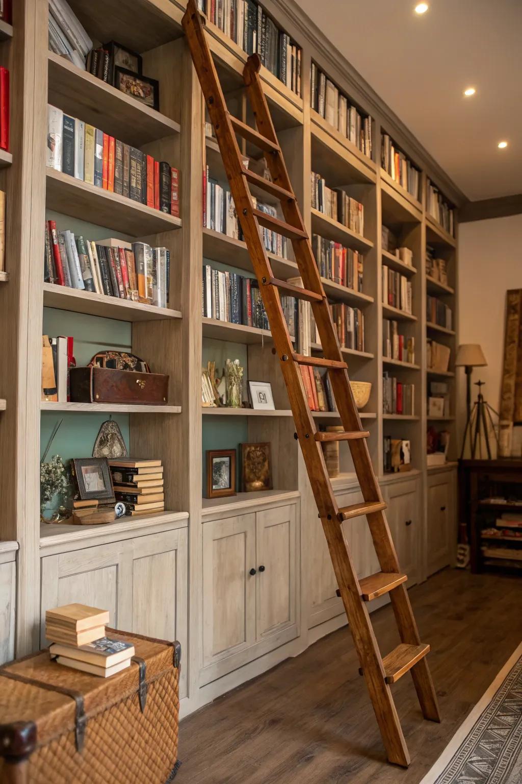 A rolling ladder adds both appeal and practicality to elevated bookshelves.