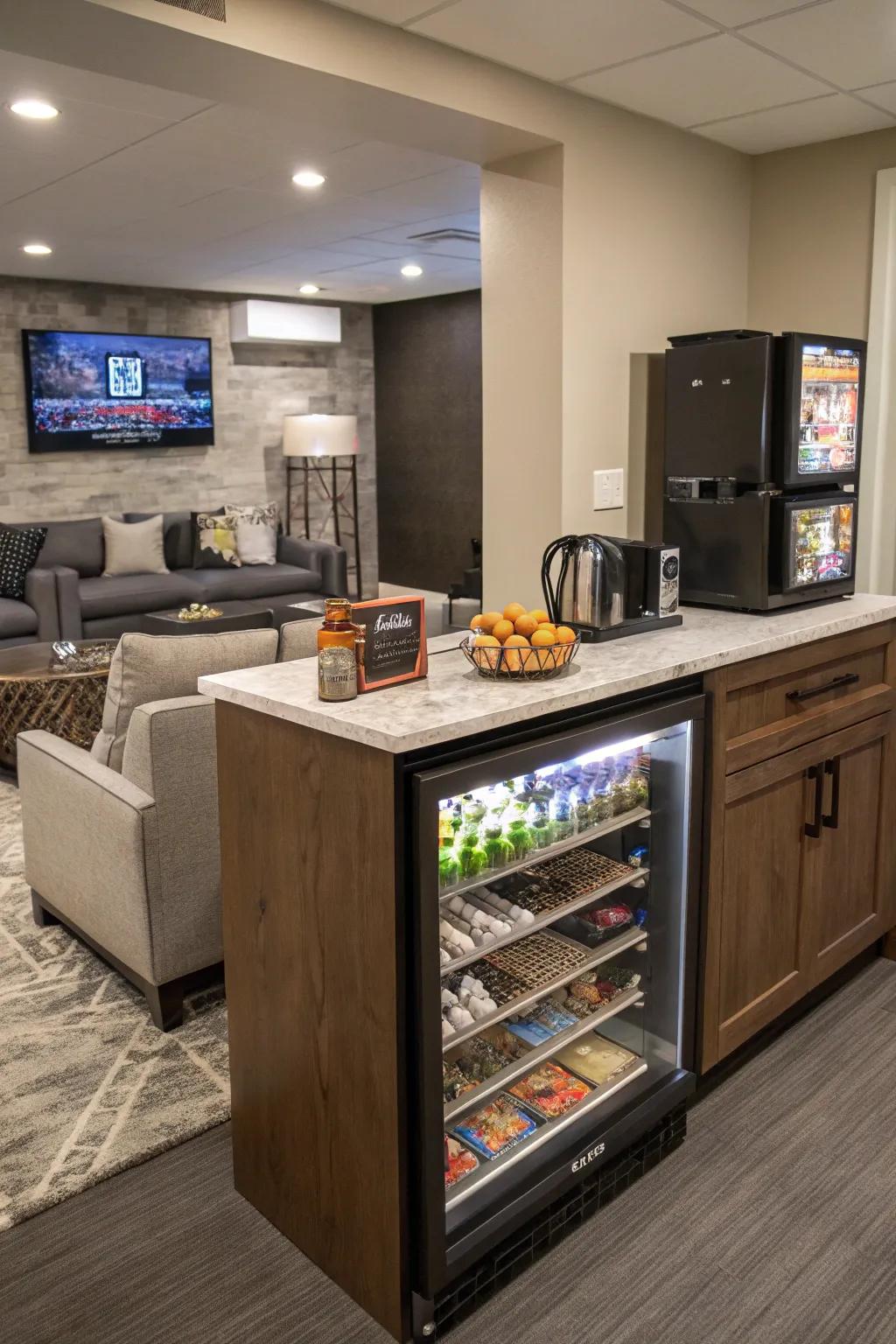 A convenient refreshment station sustains energy during game evenings.