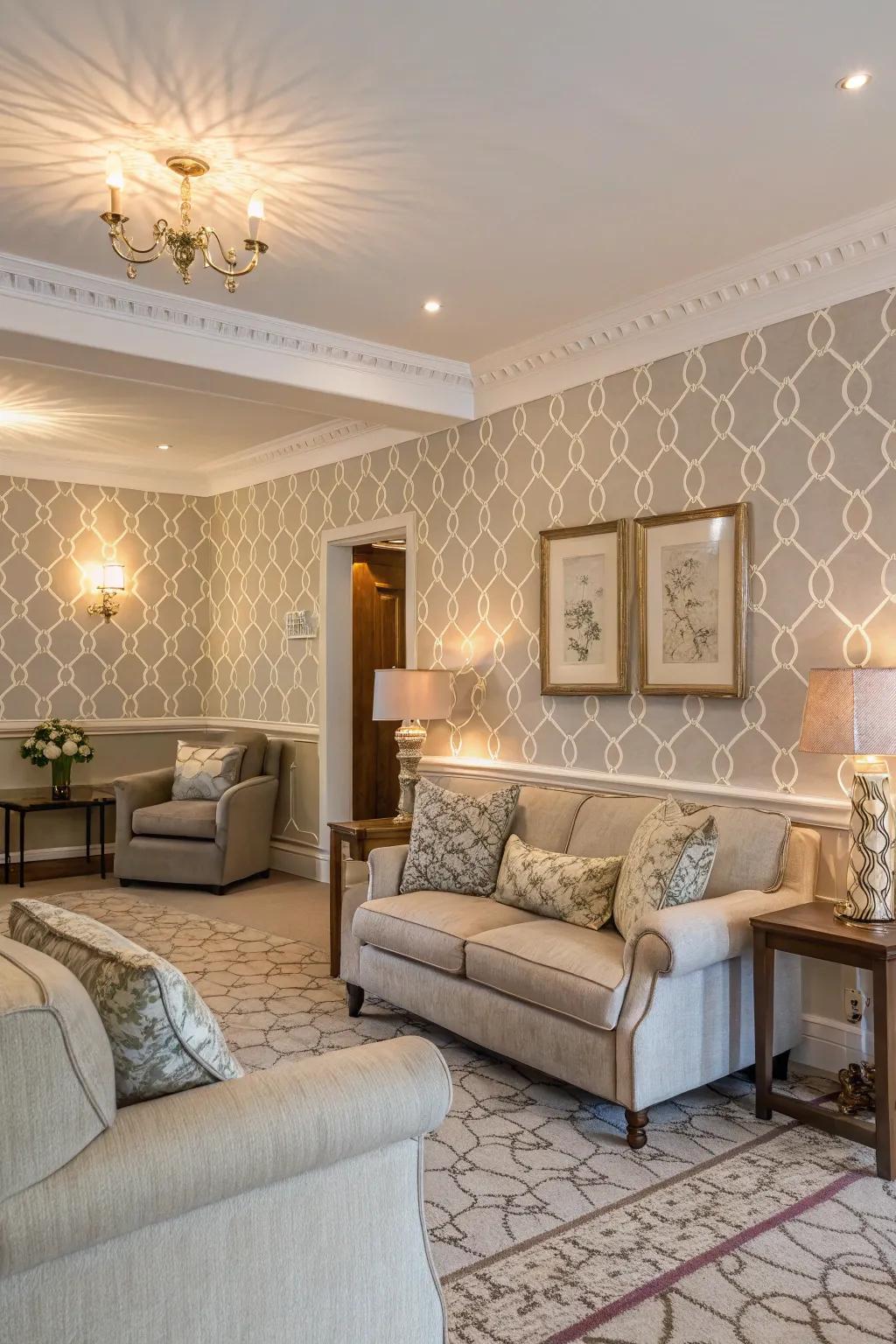 Partial wallpapering gives the living room depth and intimacy.