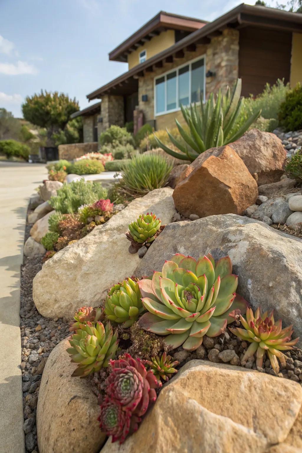 Succulents nestled among stones for effortless upkeep and beauty.