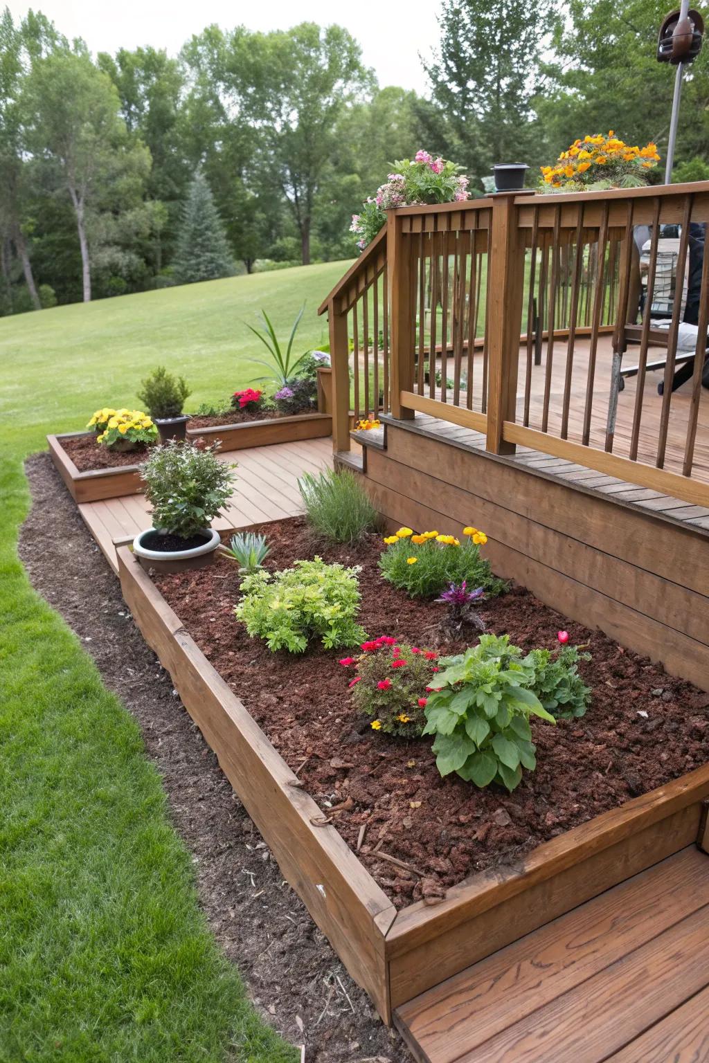 Garden spaces with fresh mulch surrounding a raised deck.
