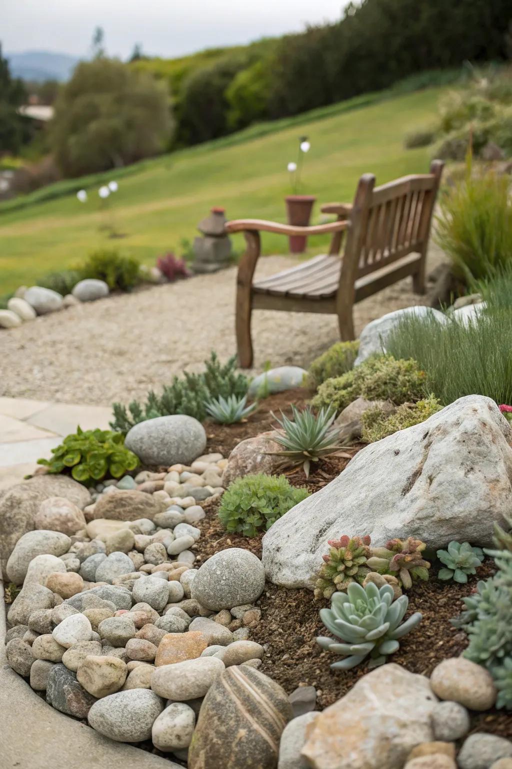 Design an attractive stone area oasis using pebble stones.