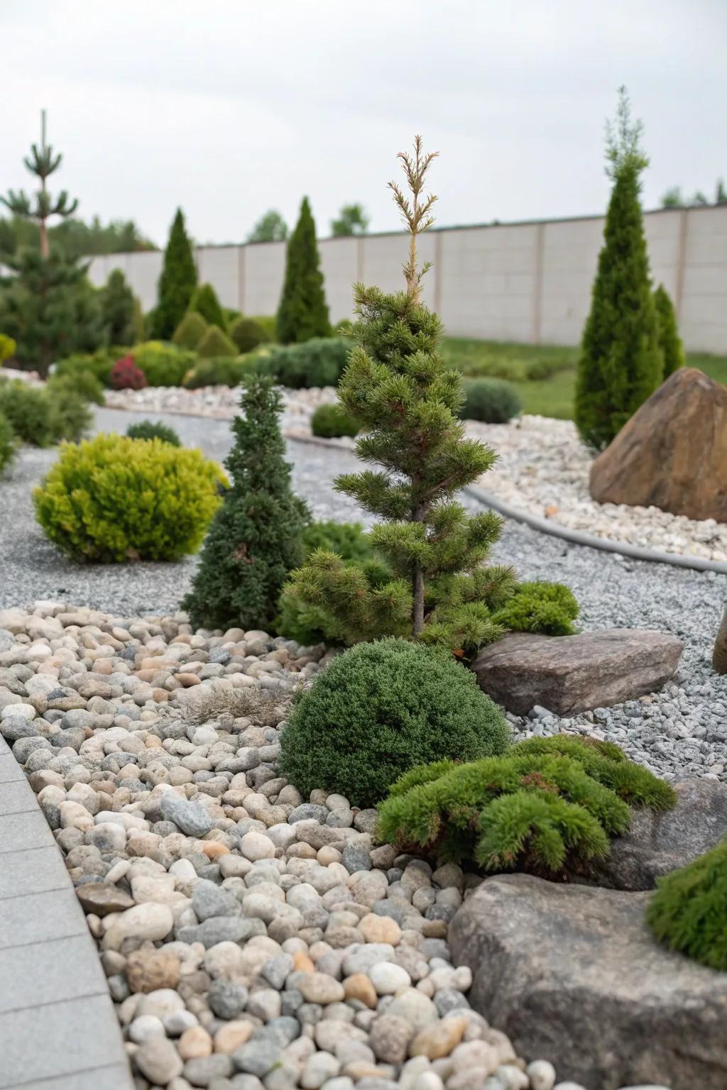 Tiny conifers contribute an evergreen allure to a rock garden.
