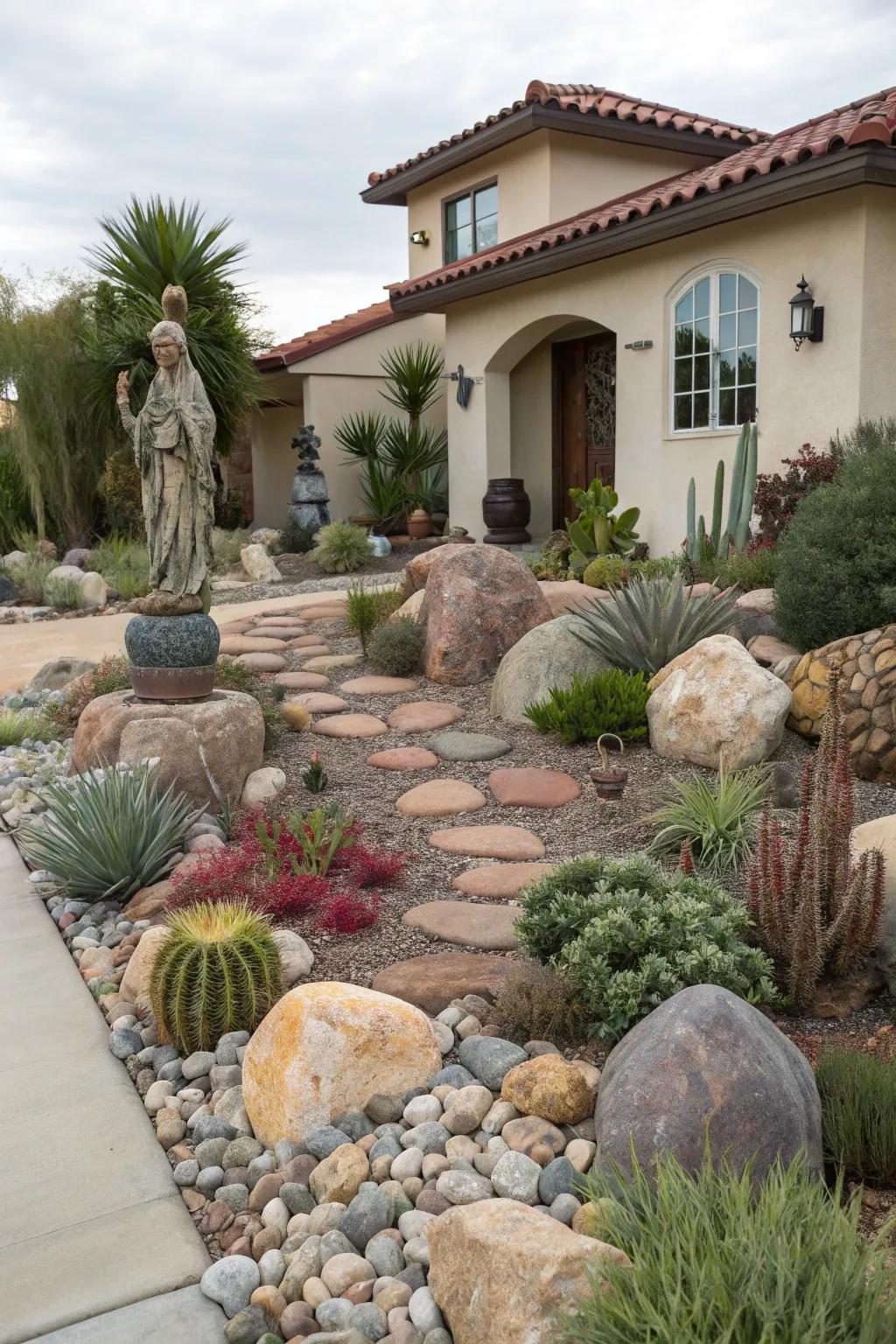 Decorative elements add charm to a xeriscape garden without extra maintenance.