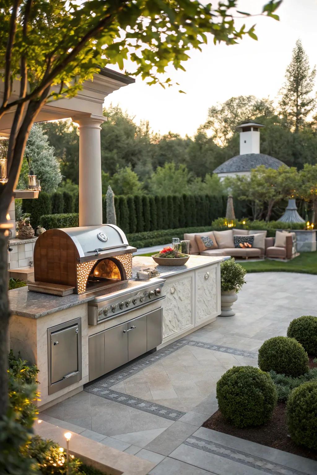 A gourmet outdoor culinary space complete with cooking grill and brick oven.