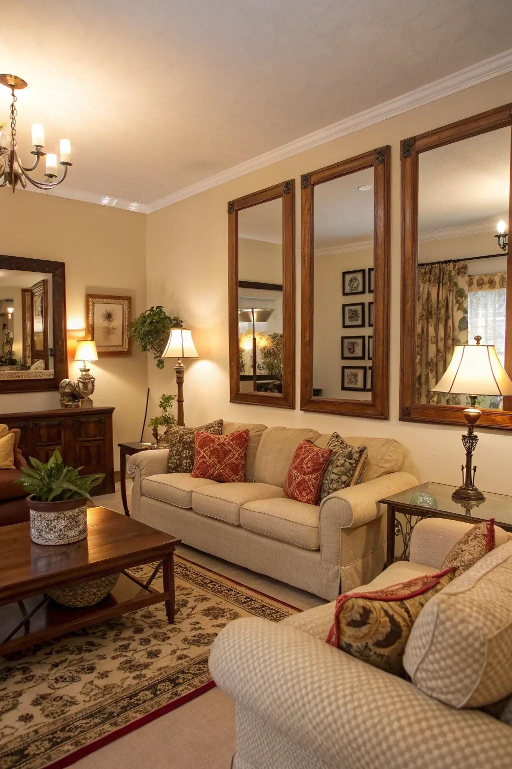 Mirrors reflect light and improve the spacious sense of this chic lounge.