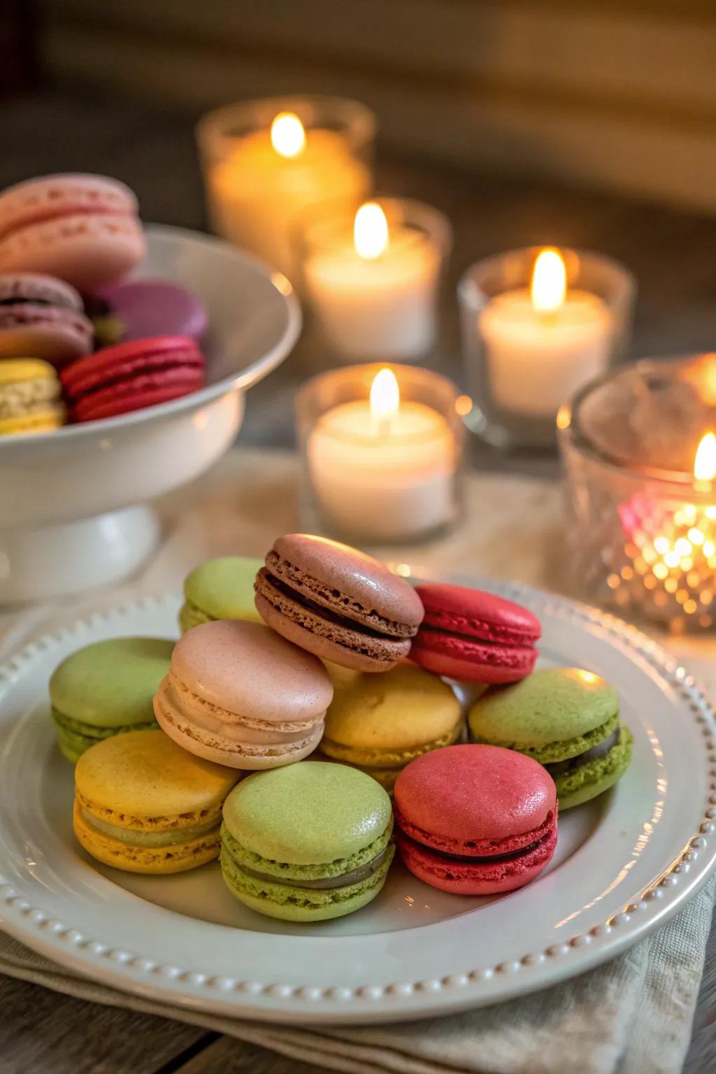 Macarons exhibited under the soft glow of candles.
