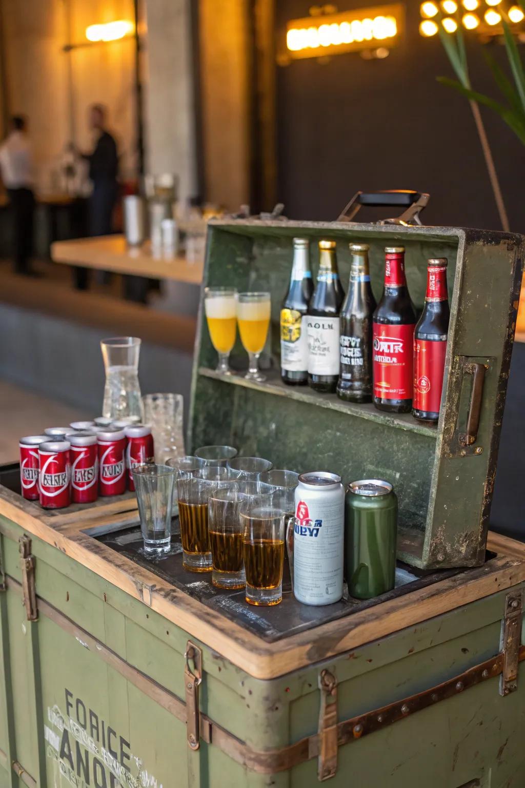 An ammo box mini bar brings a rugged vibe to the room.