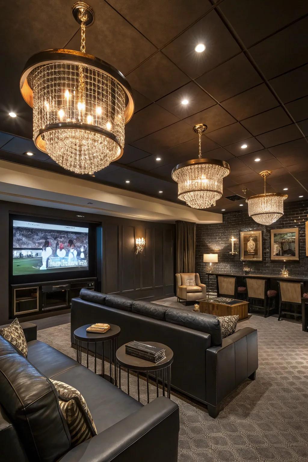 Exquisite lighting establishing a cozy mood within the man cave.