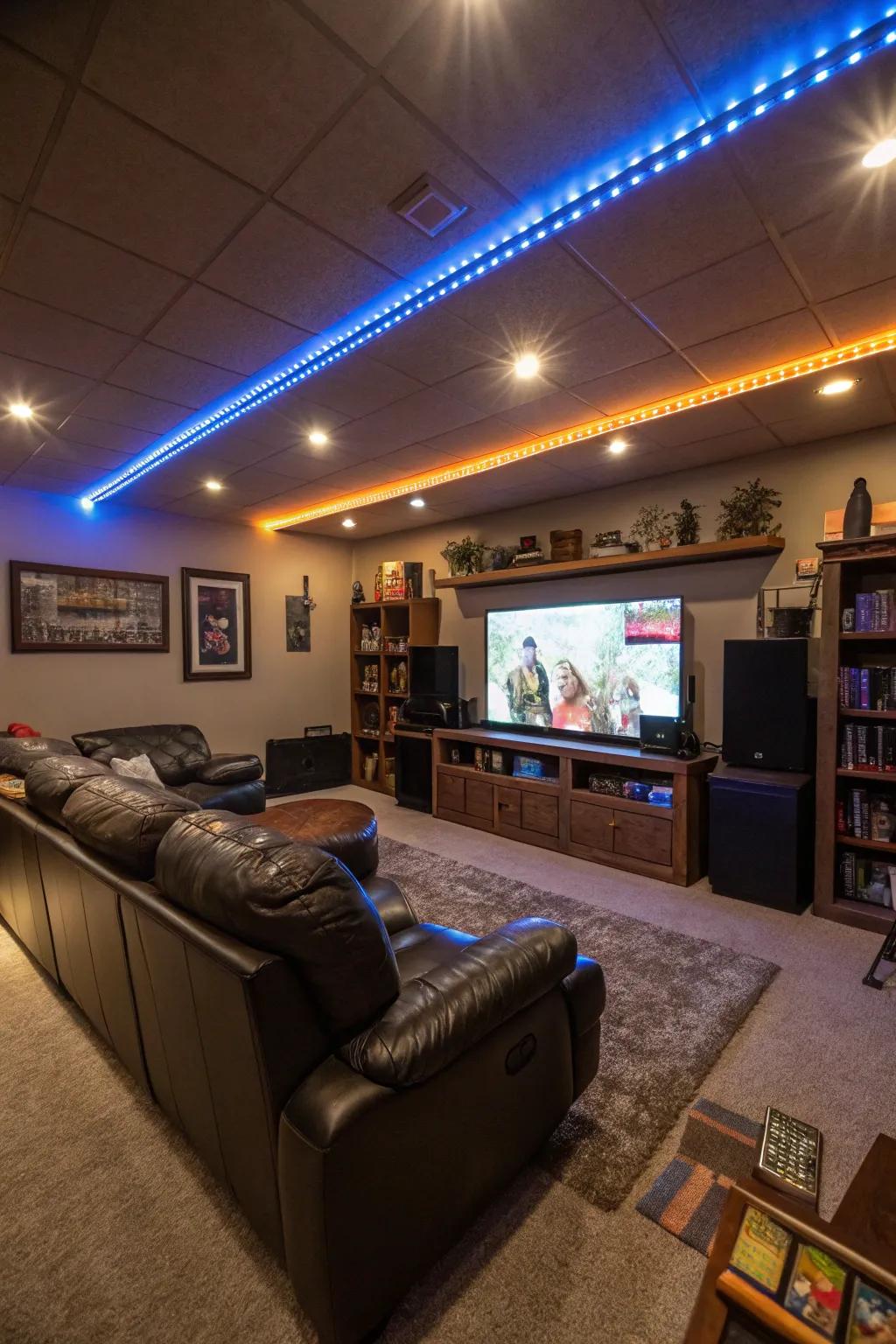 Mood lighting with color-shifting LED strips in a man cave.