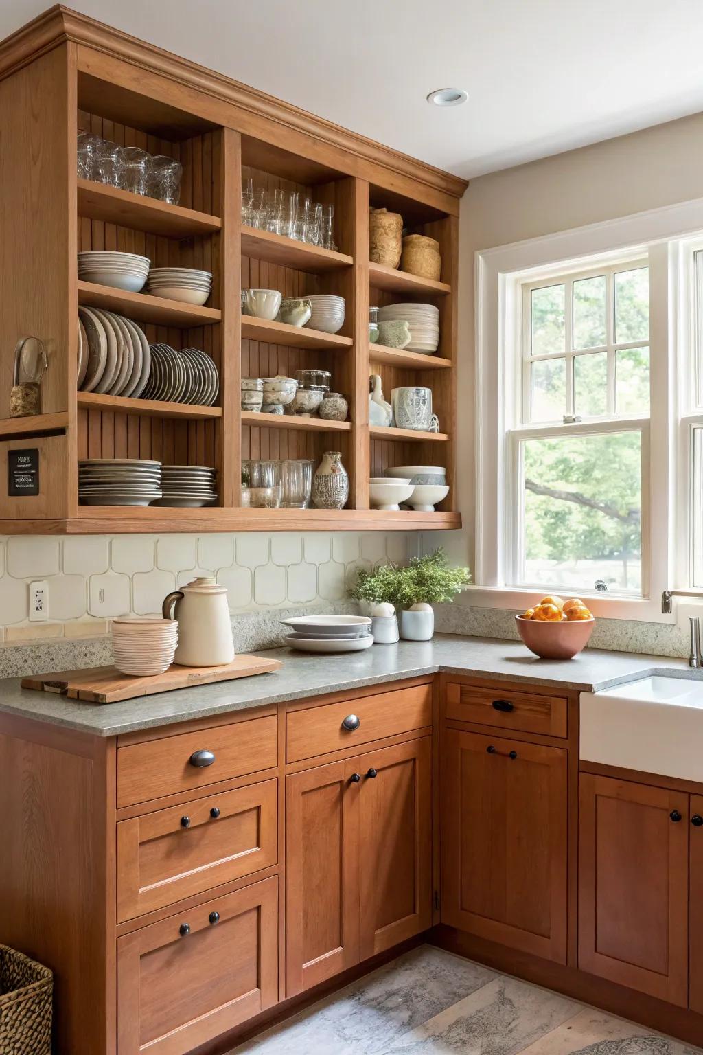 A kitchen mixing birch units with display shelving for a customized appearance.