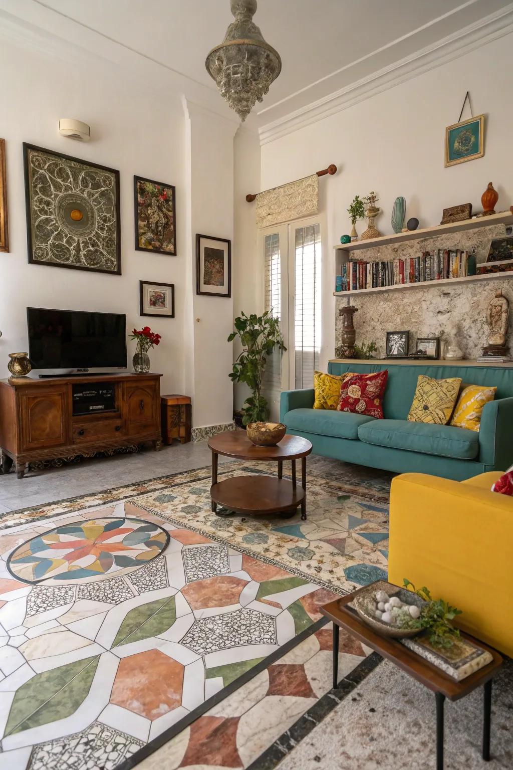 Mosaic patterns impart lively charm to stone flooring.