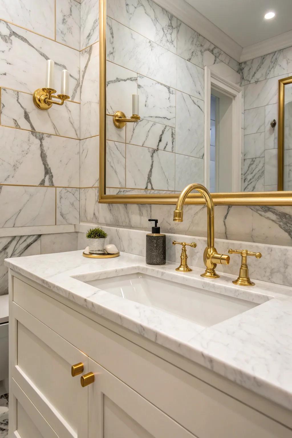 Gold and brass accents beautifully complementing artificial marble stone surfaces in a luxurious bathroom.
