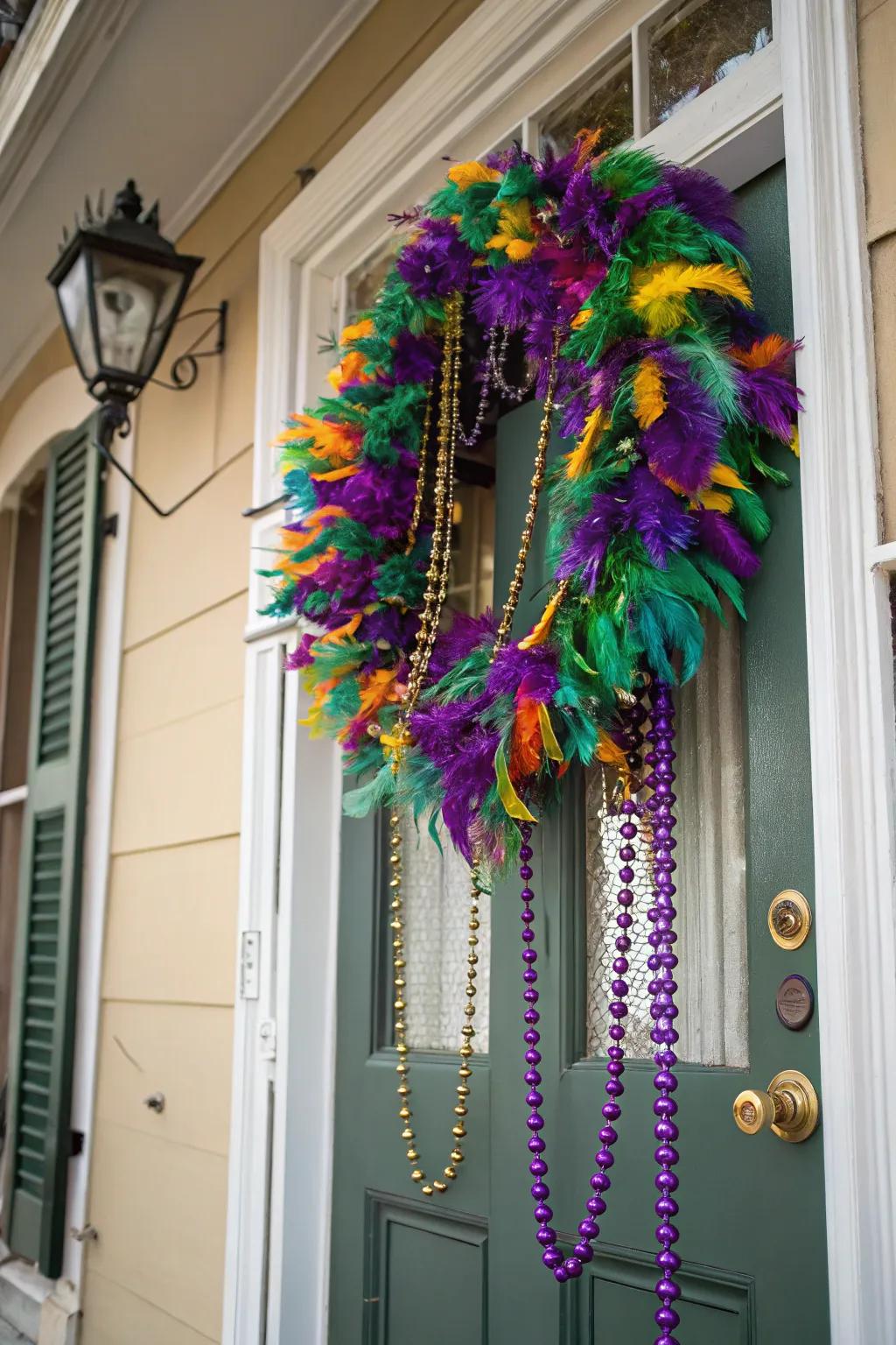 Welcome visitors with a festive Mardi Gras wreath.