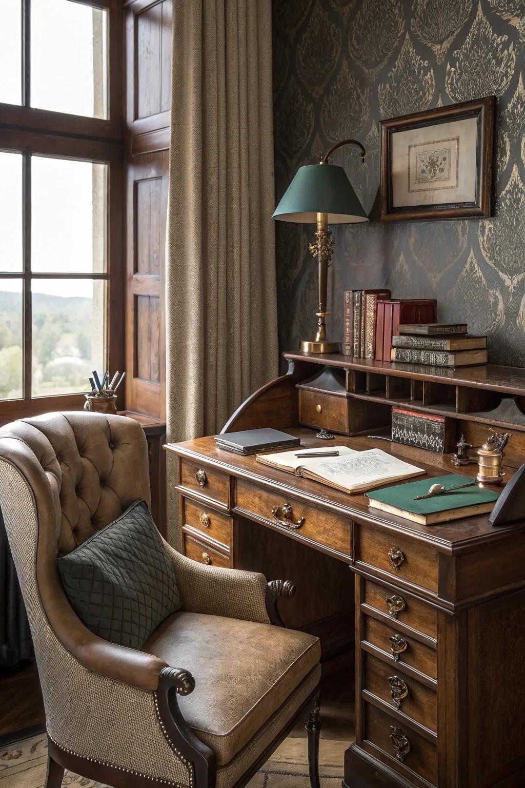 Leather look wallpaper brings a touch of luxury.