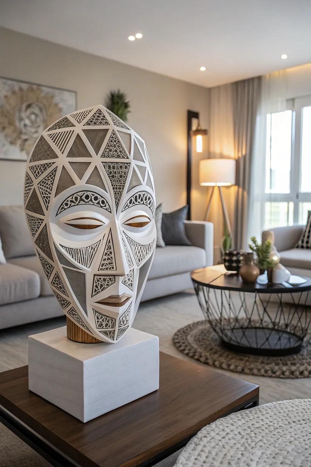 A geometric mask sculpture that infuses modern flair into home decor.