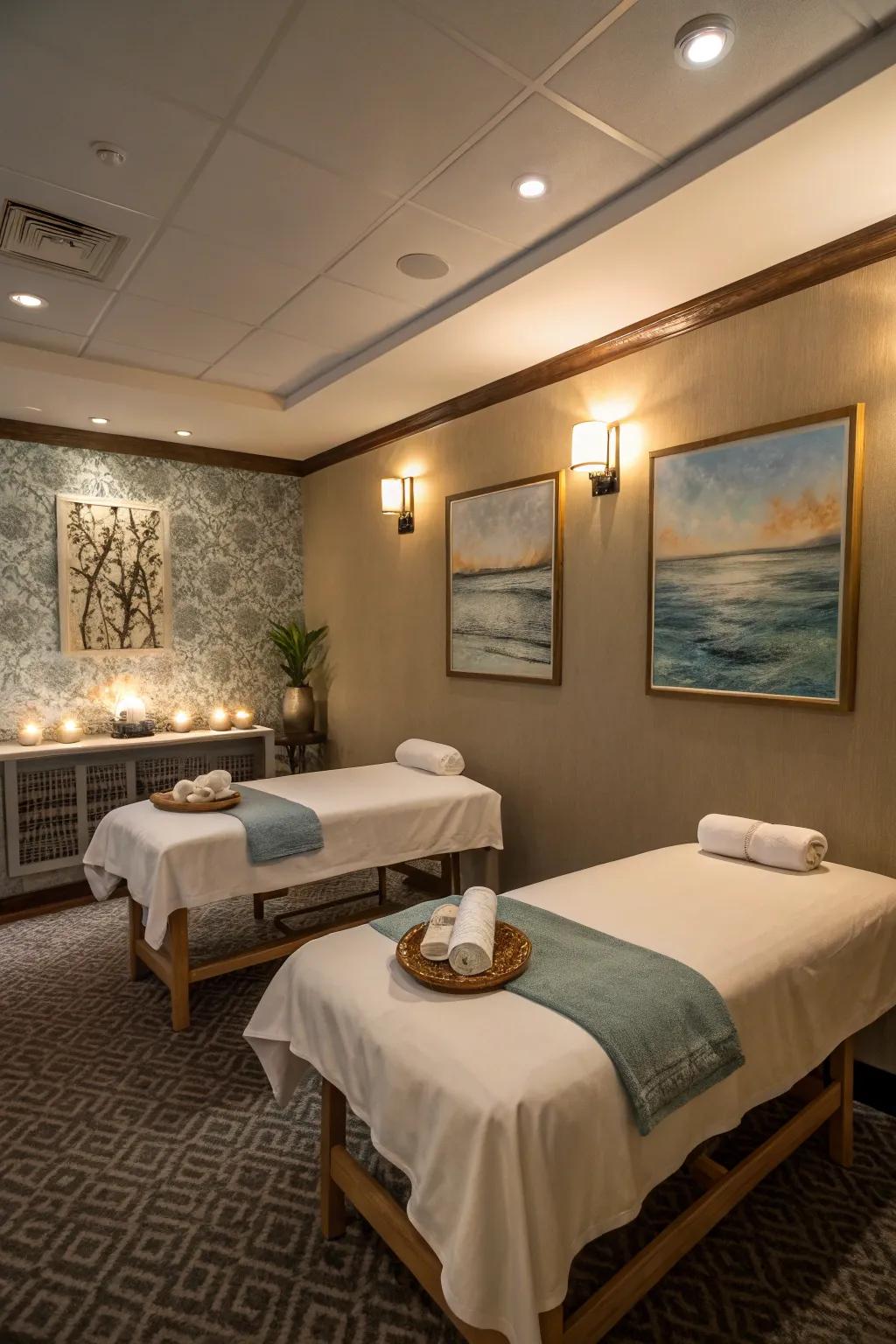 A massage space with artful accents that step up the relaxing mood.