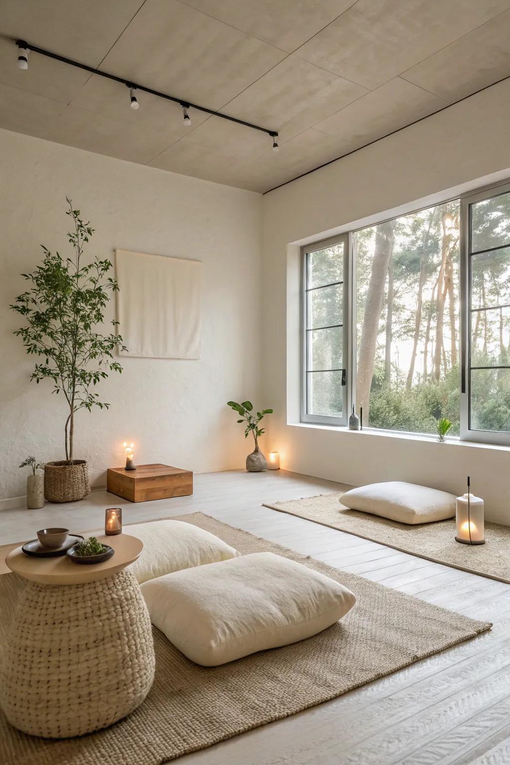 A simple meditation room defined by clean lines and open space.
