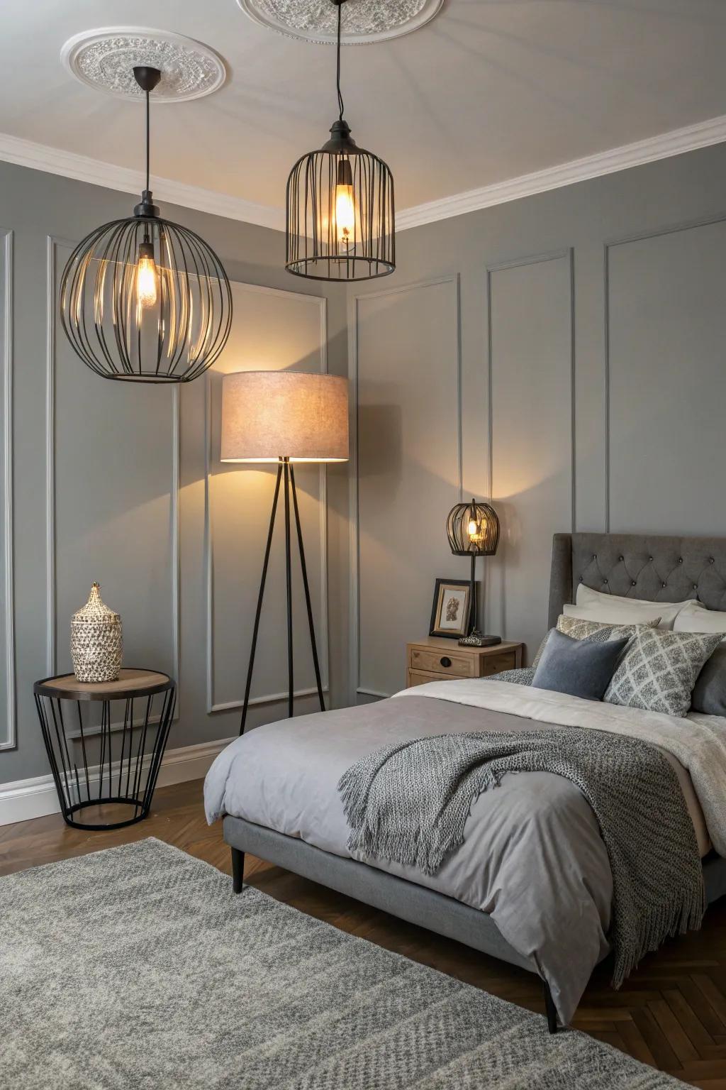 Contemporary lighting brightens and enhances the grey bedroom.
