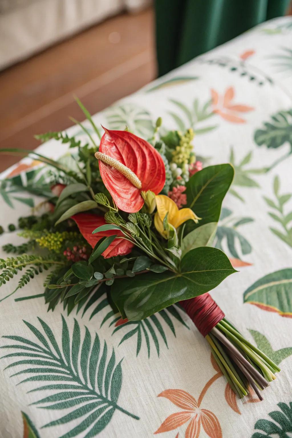An exotic ember bloom boutonniere adds an animated flourish.