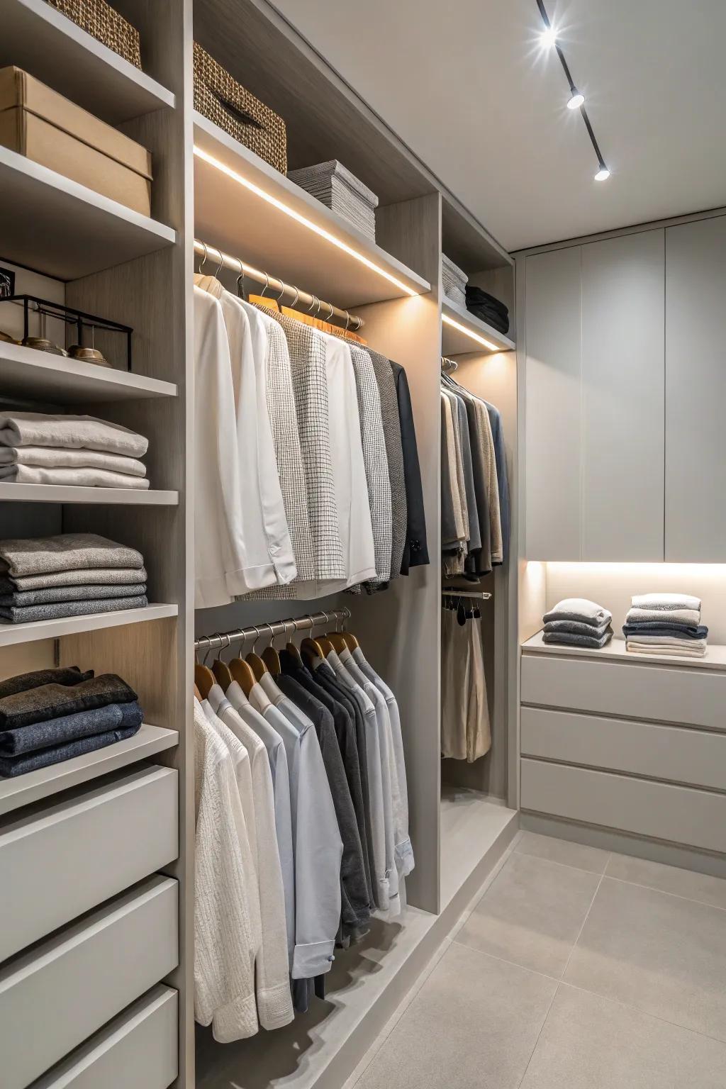An enjoyable muted scheme enhancing closet elegance.